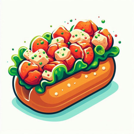 Hot dog with cheese and strawberries. Vector illustration of fast food.のイラスト素材