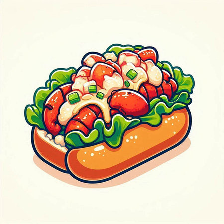 Hot dog with sausage, lettuce and sauce. Vector illustration of fast food.のイラスト素材