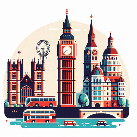 London, United Kingdom - famous landmarks in flat style. Vector illustration.のイラスト素材