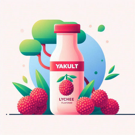 Lychee yogurt in bottle with fresh fruits and leaves vector illustrationのイラスト素材
