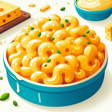 Illustration of a bowl of macaroni with cheese in the backgroundのイラスト素材