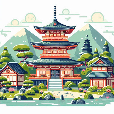Japanese temple in the mountains. Vector illustration in a flat style.のイラスト素材