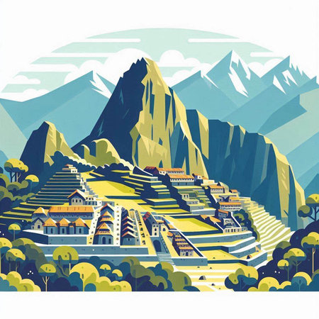 Vector illustration of the city in the mountains. Landscape with mountains, trees and houses.のイラスト素材