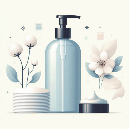 Cosmetic bottle with dispenser and flowers on white background. Vector illustration.のイラスト素材
