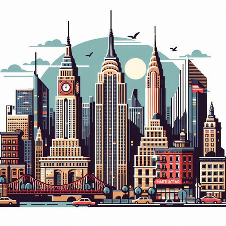 New York City skyline, vector illustration in retro style. USA.のイラスト素材