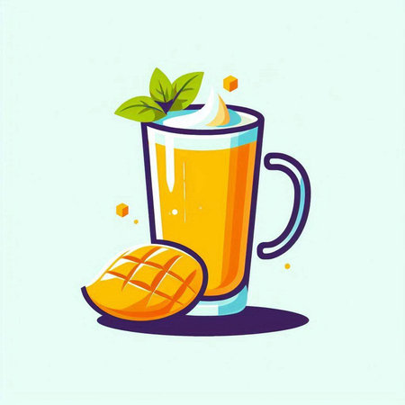 Mango juice in a glass with mint leaves. Vector illustration.のイラスト素材