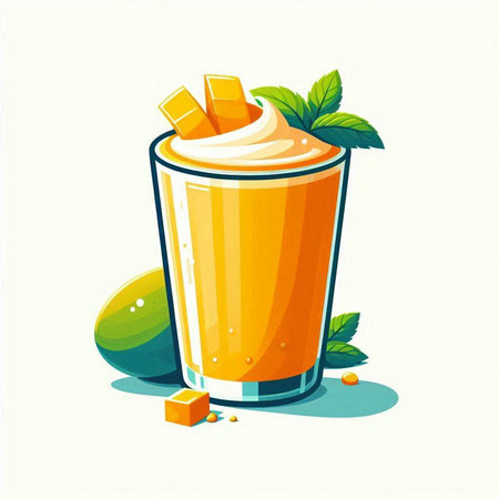 Mango smoothie in a glass with ice cubes and mint. Vector illustration.のイラスト素材