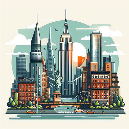 New York City skyline with skyscrapers and bridge. Vector illustration.のイラスト素材