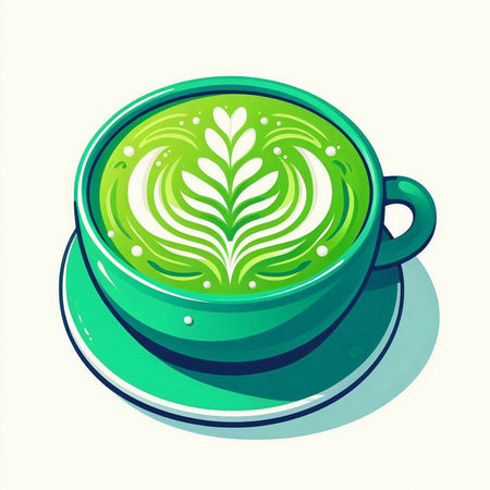 Green tea latte art in a green cup. Vector illustration.のイラスト素材