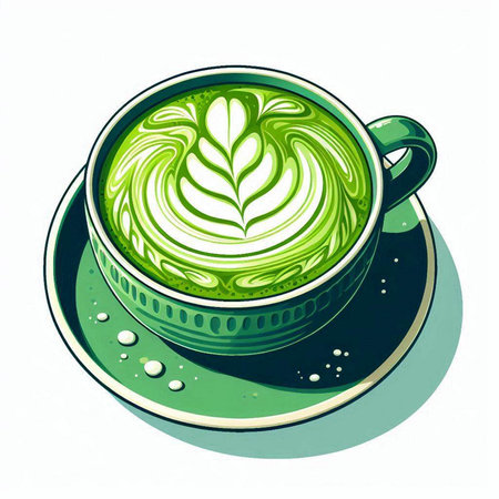 Green tea cup with latte art on white background. Vector illustration.のイラスト素材