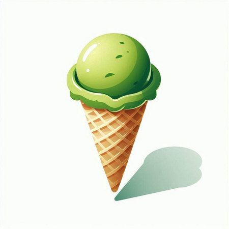 Green ice cream in a waffle cone on a white background.のイラスト素材