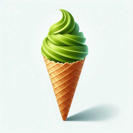 Green ice cream in a waffle cone on a white background.のイラスト素材