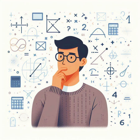 Vector illustration of a young man thinking about a problem. Education concept.のイラスト素材