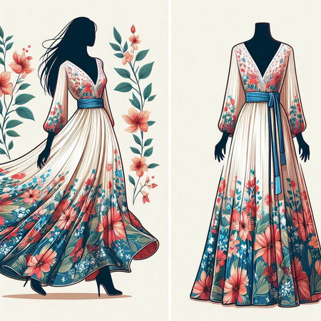 Wedding dress design with floral pattern. Vector illustration in retro style.のイラスト素材