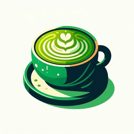 Green tea cup with latte art on white background. Vector illustration.のイラスト素材