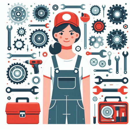 Female mechanic with tools in flat style. Mechanic woman in uniform with tools. Vector illustrationのイラスト素材