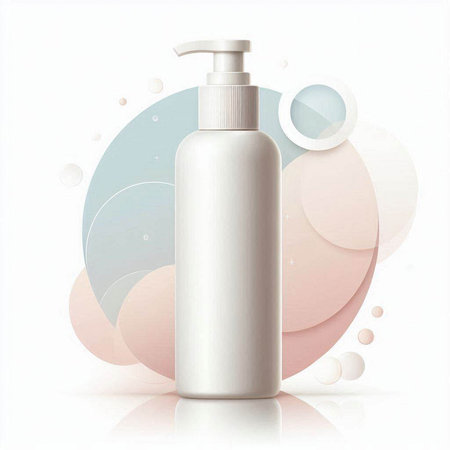 cosmetic bottle on a colored background with splashes and circles.のイラスト素材