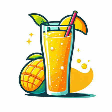 Vector illustration of a glass of fresh mango juice with a straw.のイラスト素材