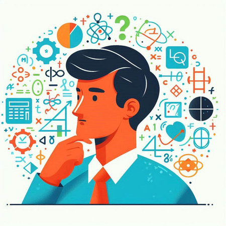 Vector illustration of a man thinking about the solution of a problem.のイラスト素材