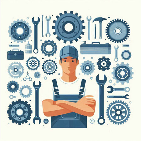 Repairman with tools. Mechanic in uniform. Vector illustrationのイラスト素材