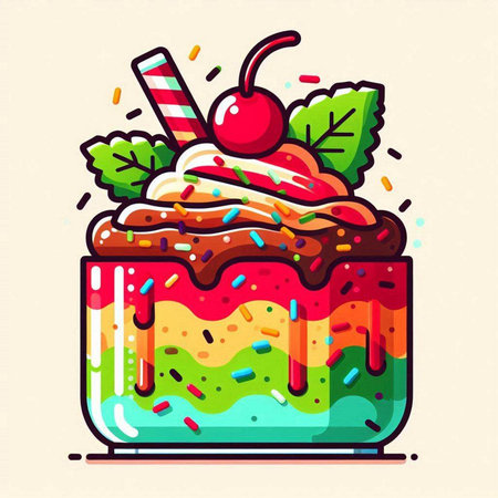 Colorful cake with whipped cream, cherries and whipped cream. Vector illustration.のイラスト素材