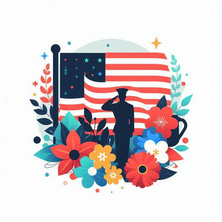 American flag with a silhouette of a man and flowers. Vector illustration.のイラスト素材