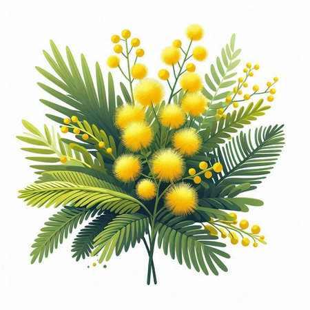 Bouquet of mimosa flowers isolated on white background. Vector illustration.のイラスト素材