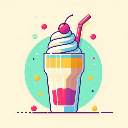 Colorful vector illustration of milkshake with cherry and whipped cream.のイラスト素材