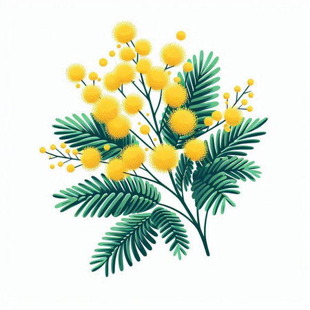 Mimosa branch with yellow flowers isolated on white background. Vector illustration.のイラスト素材