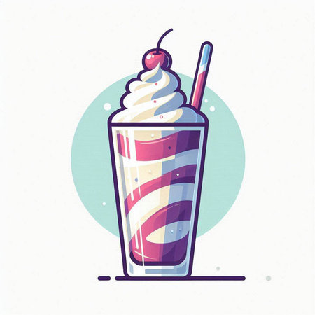 Milkshake. Vector illustration of a milkshake with whipped cream and cherry.のイラスト素材