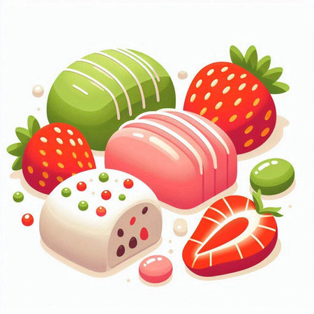 Strawberries and chocolate candies. Vector illustration on white background.のイラスト素材