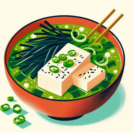 Vector illustration of a bowl of miso soup with green onions and tofuのイラスト素材
