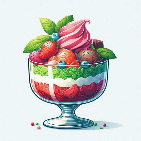 Ice cream in a glass bowl with berries and fruits. Vector illustration.のイラスト素材