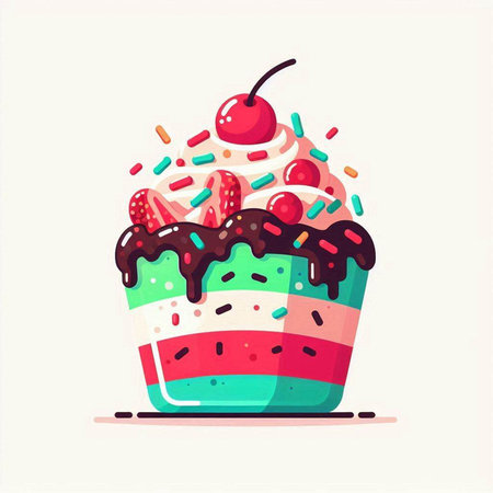 Cupcake with whipped cream and cherries. Vector illustration.のイラスト素材