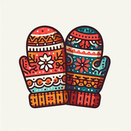 Hand drawn vector illustration of knitted mittens. Colorful doodle icon.のイラスト素材