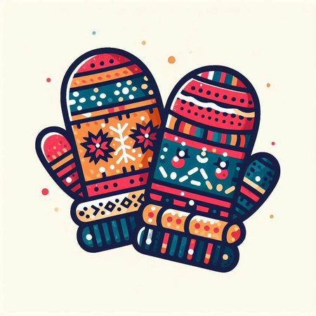 Hand drawn vector illustration of two knitted mittens with snowflakes.のイラスト素材