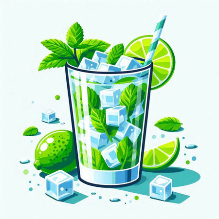 Mojito cocktail with lime, mint and ice cubes. Vector illustration.のイラスト素材
