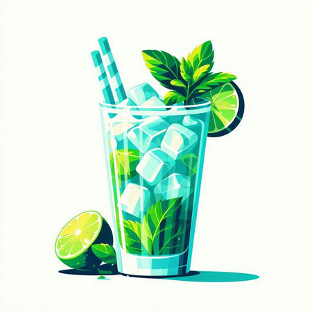 Cocktail mojito with lime and mint, vector illustrationのイラスト素材