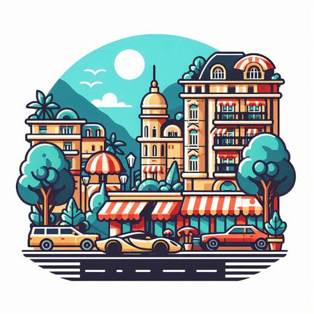 Cityscape with buildings and street. Vector illustration in retro style.のイラスト素材