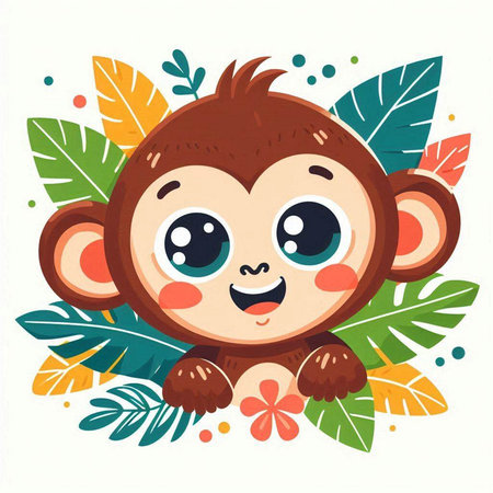 Cute cartoon monkey with tropical leaves and flowers. Vector illustration.のイラスト素材