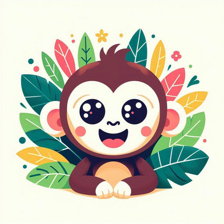Cute cartoon monkey sitting on the leaves background. Vector illustration.のイラスト素材