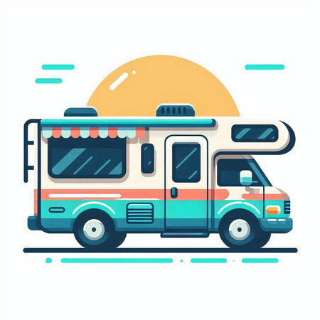 Camper vehicle on the road. Colorful flat vector illustration.のイラスト素材