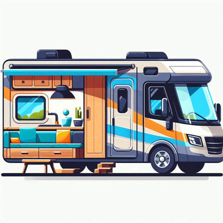 Camper van vector illustration. Camper trailer camping. Family vacation in motorhome.のイラスト素材
