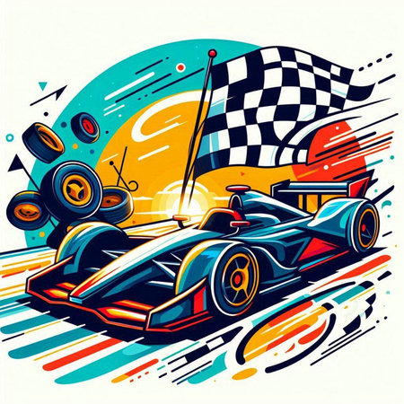 Vector illustration of a racing car with checkered flag in the backgroundのイラスト素材