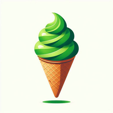 Green ice cream in a waffle cone. Vector illustration isolated on white background.のイラスト素材