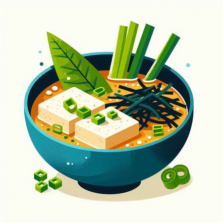 Japanese miso soup in a bowl with chopsticks. Vector illustration.のイラスト素材