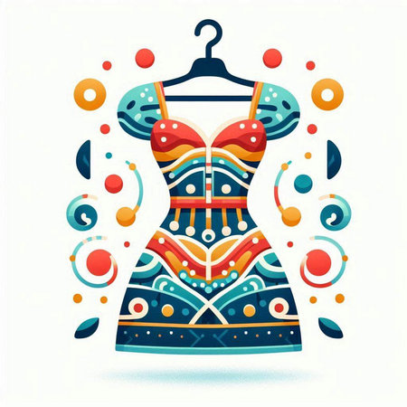 Dress on hanger with abstract pattern. Vector illustration. Colorful background.のイラスト素材