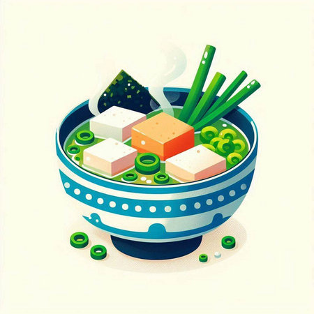 Illustration of a bowl of soup with tofu, green onions and cucumberのイラスト素材