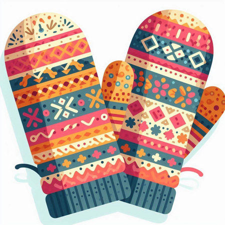 Vector illustration of knitted mittens with ethnic ornaments.のイラスト素材
