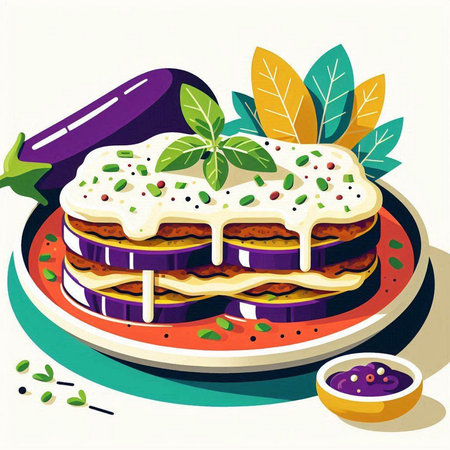 Vegetable lasagna with eggplant and grated cheese.のイラスト素材